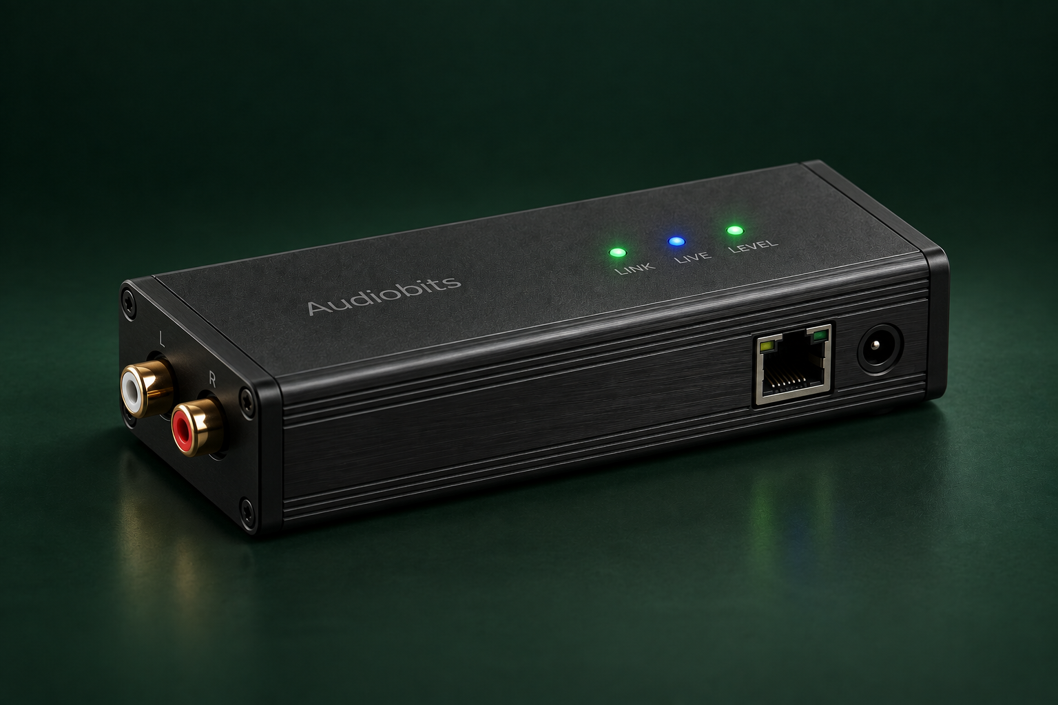 Artist’s impression of a compact Audiobits enclosure with stereo RCA inputs, Ethernet and power sockets, and three status LEDs on top.